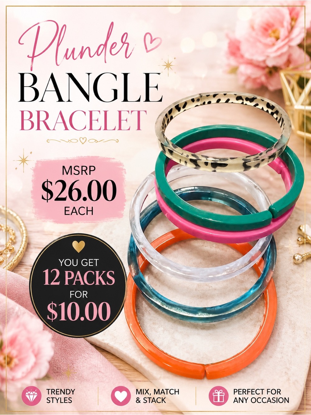 Plunder Pink, Green, Teal, Orange, Clear and Leopard Bangle Bracelet Set